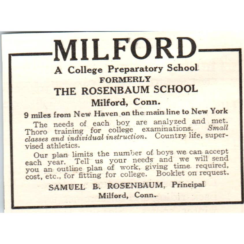 c1920 Harper's Magazine Ad Milford College Prep School Samuel B Rosenbaum EA3-1