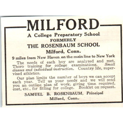 c1920 Harper's Magazine Ad Milford College Prep School Samuel B Rosenbaum EA3-1