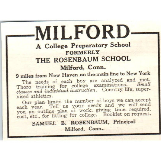 c1920 Harper's Magazine Ad Milford College Prep School Samuel B Rosenbaum EA3-1