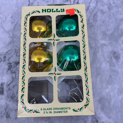 HOLLY 4 Vintage 2 5/8" Mercury Glass Ornaments Original Box Green Gold OT1