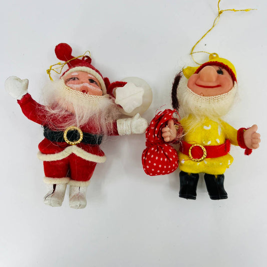 Vintage 1950s Flocked Celluloid Santa Claus and Elf Figurine Ornaments 4” TD1