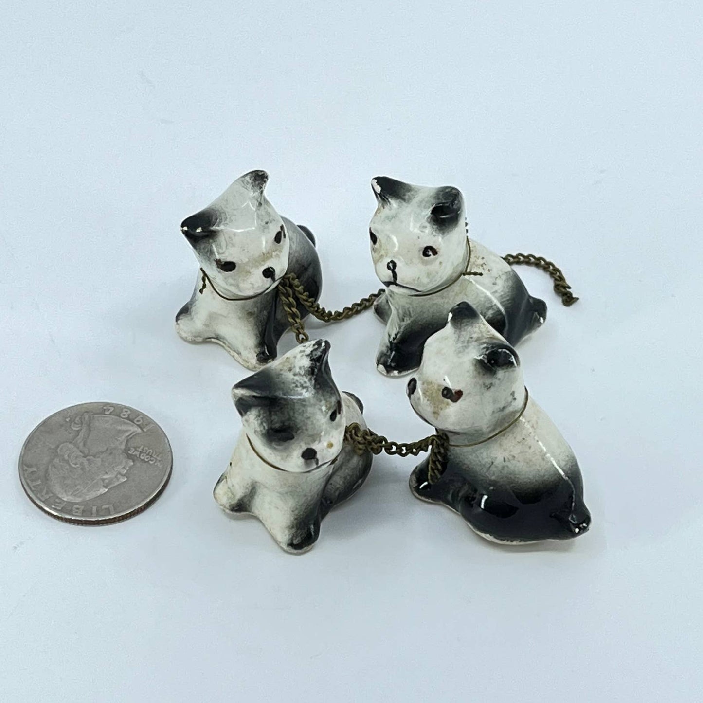 Vintage Set of 4 Porcelain Ceramic Painted French Bulldogs on Chain 1” SC8