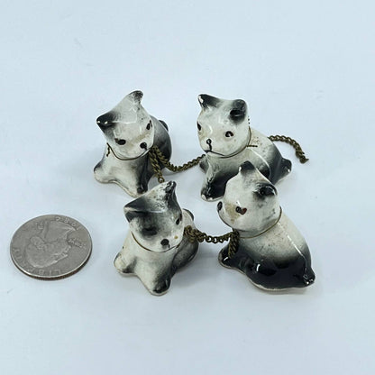Vintage Set of 4 Porcelain Ceramic Painted French Bulldogs on Chain 1” SC8