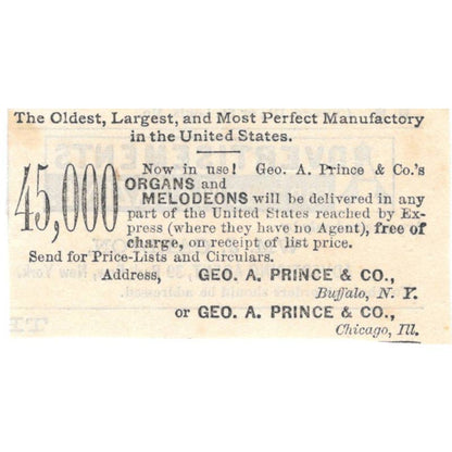 Organs & Melodions Geo. A. Prince Co Buffalo NY - Ad 1878 Original TJ7-L2-4