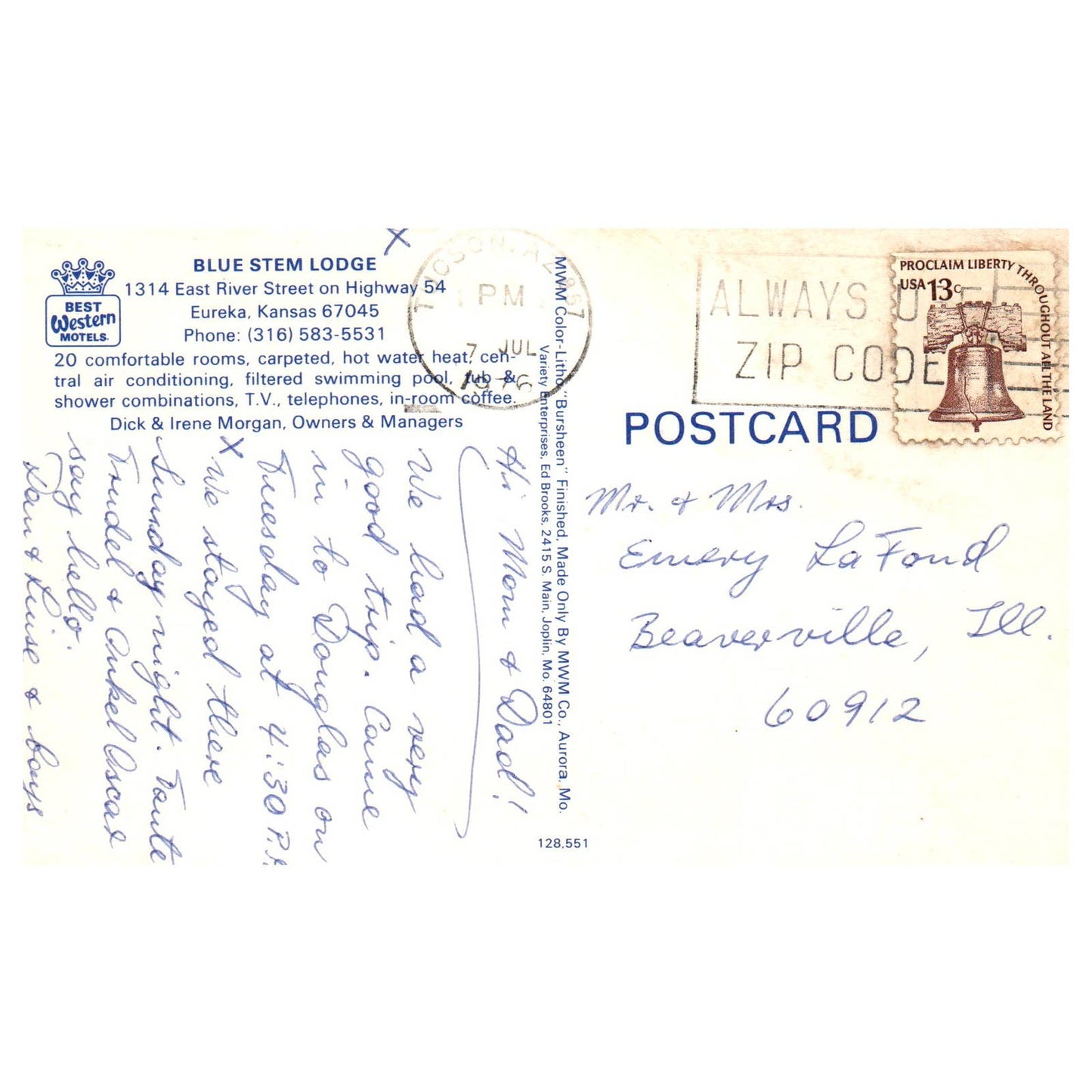 Vintage Postcard - Blue Stem Lodge - Eureka Kansas AD9