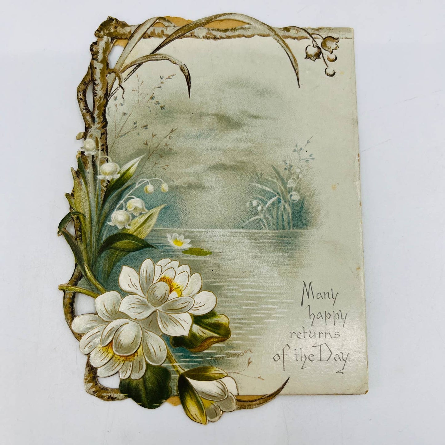 1895 Die Cut Victorian Greeting Card Floral Water Scene Lily of the Valley AA2