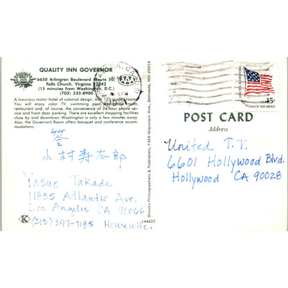 Quality Inn Governor Falls Church Virginia 1951 Original Postcard P1-16