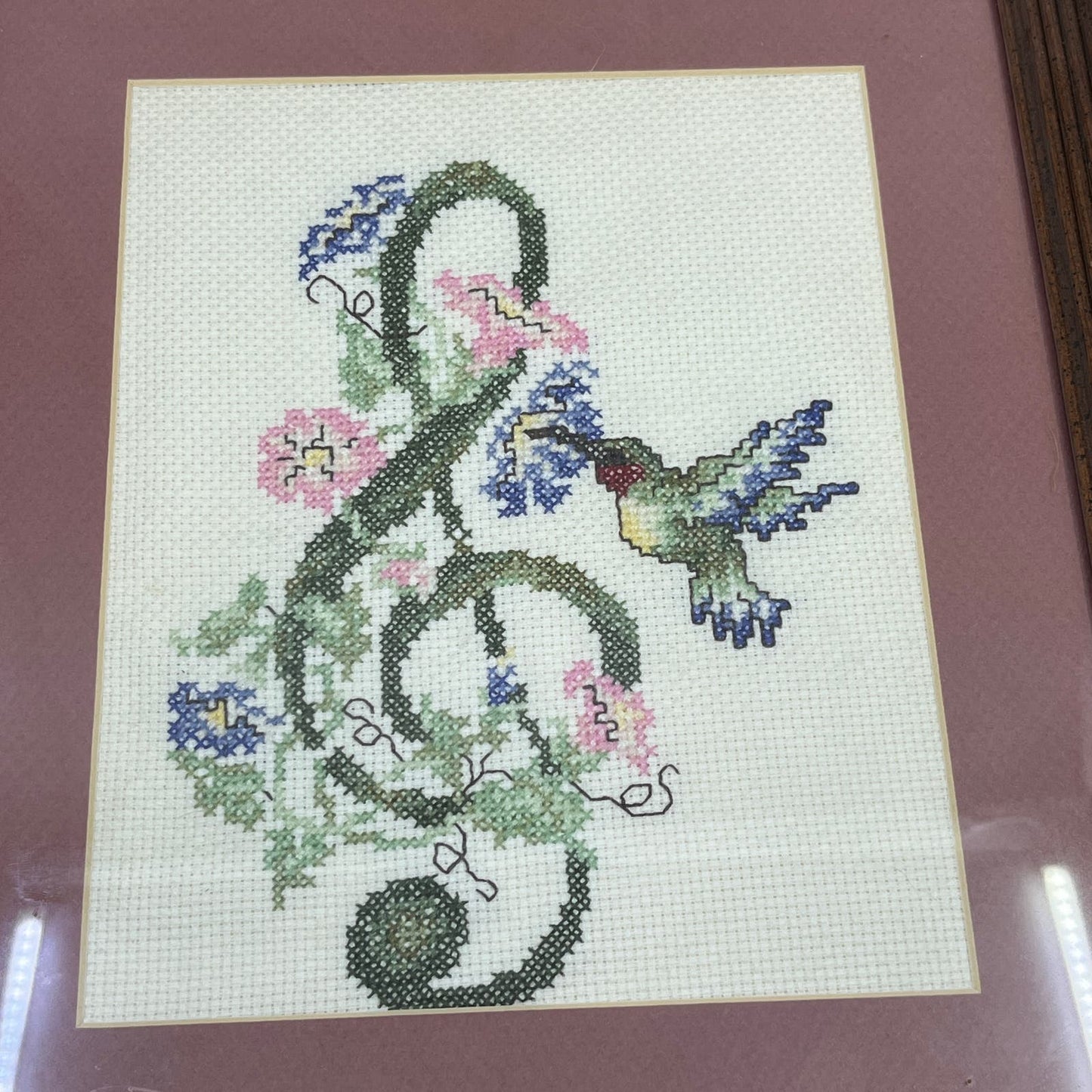 Retro Framed Cross Stitch Art Hummingbird & Treble Clef 13x16"