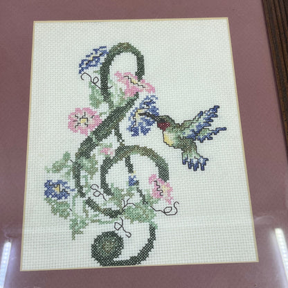 Retro Framed Cross Stitch Art Hummingbird & Treble Clef 13x16"