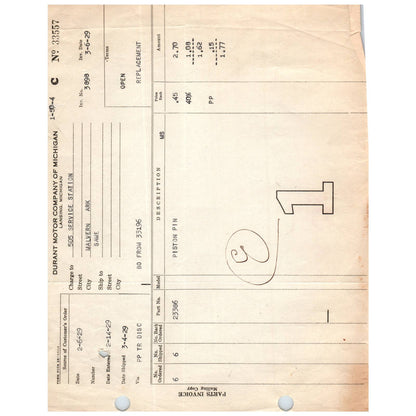 1929 3/6 Durant Motor Car Company Lansing MI Invoice Billhead Auto Parts AC9