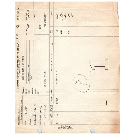 1929 3/6 Durant Motor Car Company Lansing MI Invoice Billhead Auto Parts AC9