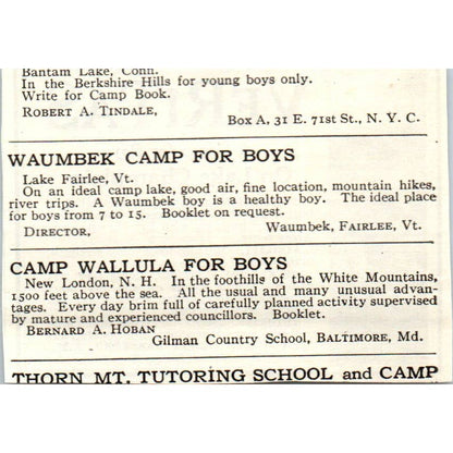 c1920 Harper's Ad - Veritas Camp for Boys Lake Champlain Jos. Henry Sasserno EA3