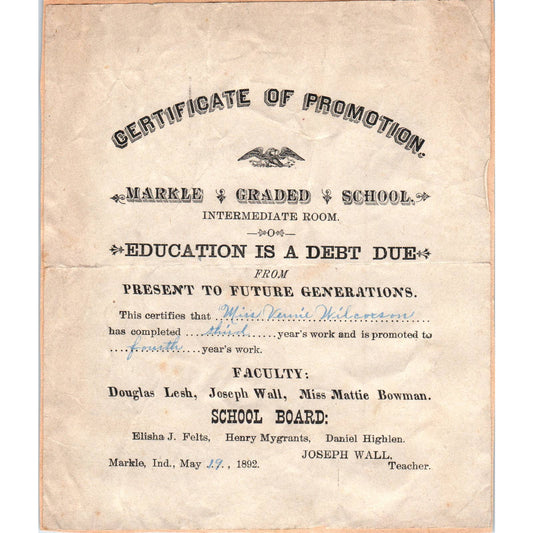 1892 Markle IN School Graduation Certificate 3rd Grade Verna Wilcoxson SF2