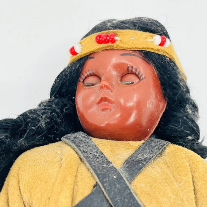 Vintage Native American Indian Girl Doll Brown Leather Skirt 7” TB5