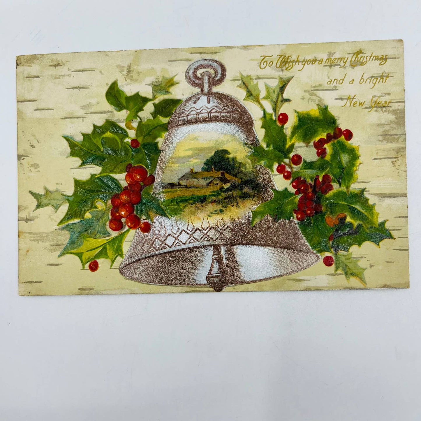 1910s Christmas Post Card WINSCH Back Embossed Cottage Bell Birch Holly PA4