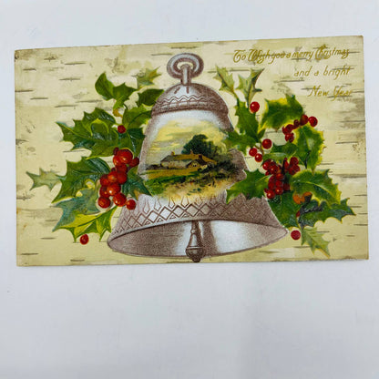 1910s Christmas Post Card WINSCH Back Embossed Cottage Bell Birch Holly PA4