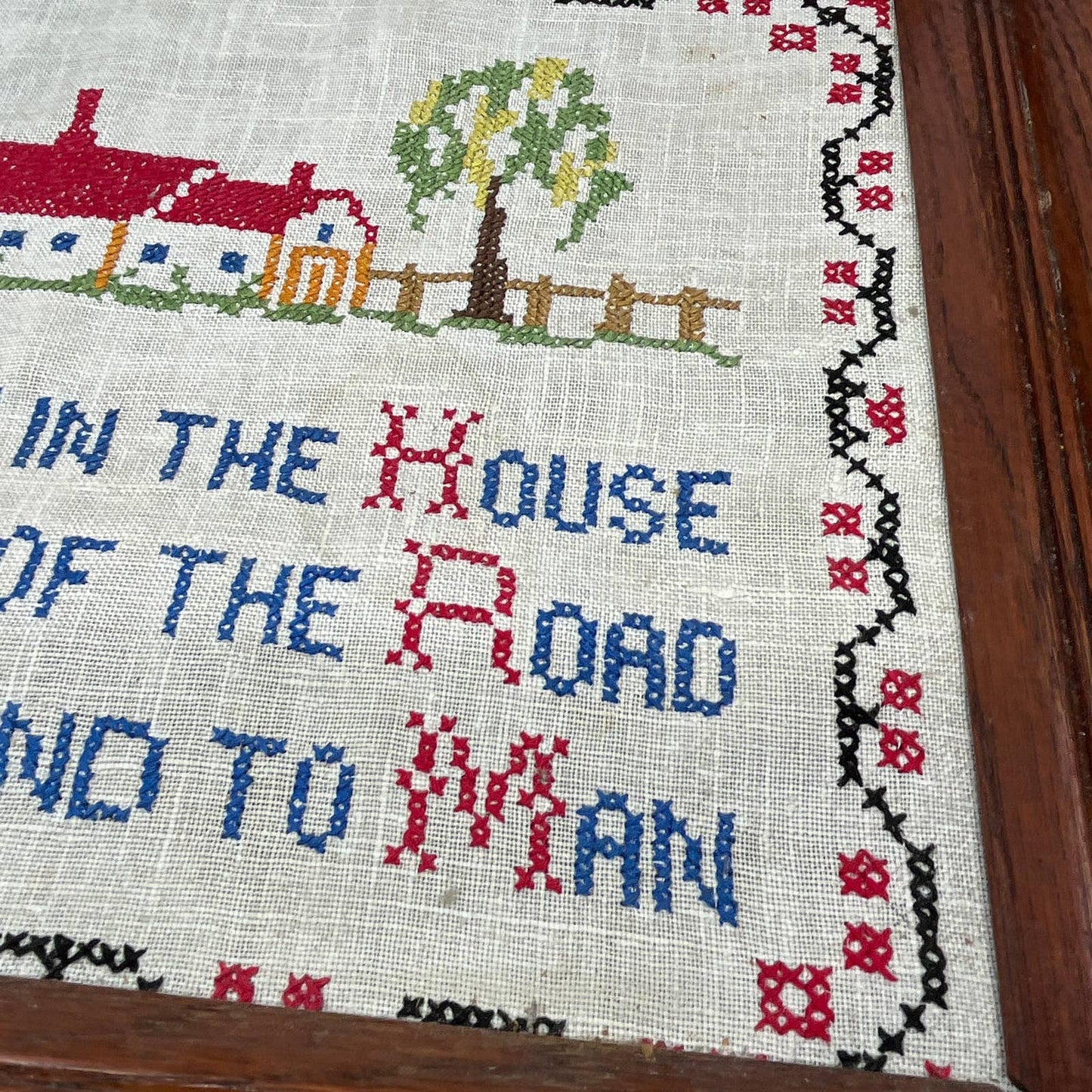 Vintage Framed Cross Stitch Sampler Art ...House on the Side of the Road... TG3