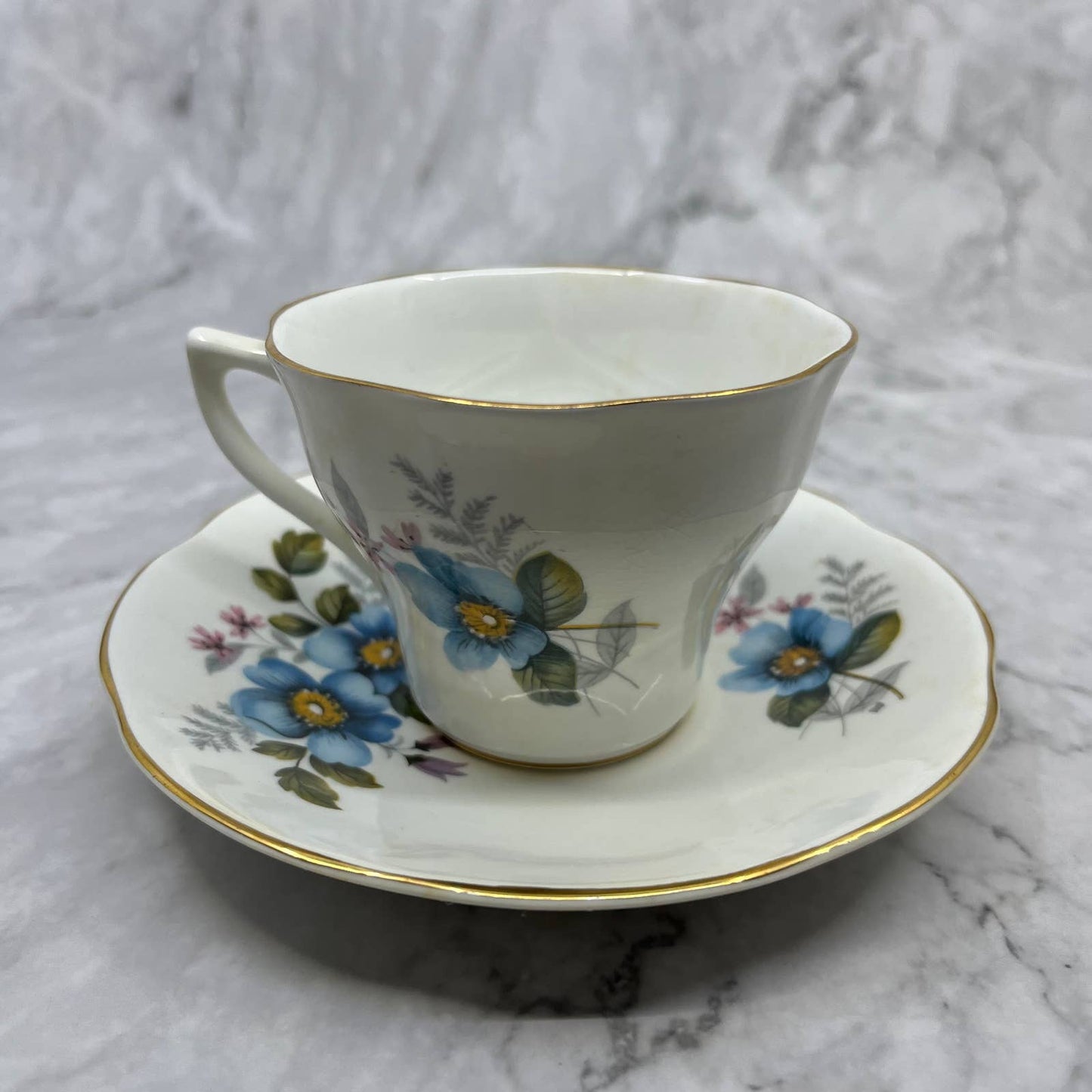 Vintage Royal Dover Bone China Cup & Saucer Blue Flowers, Made in England TA7