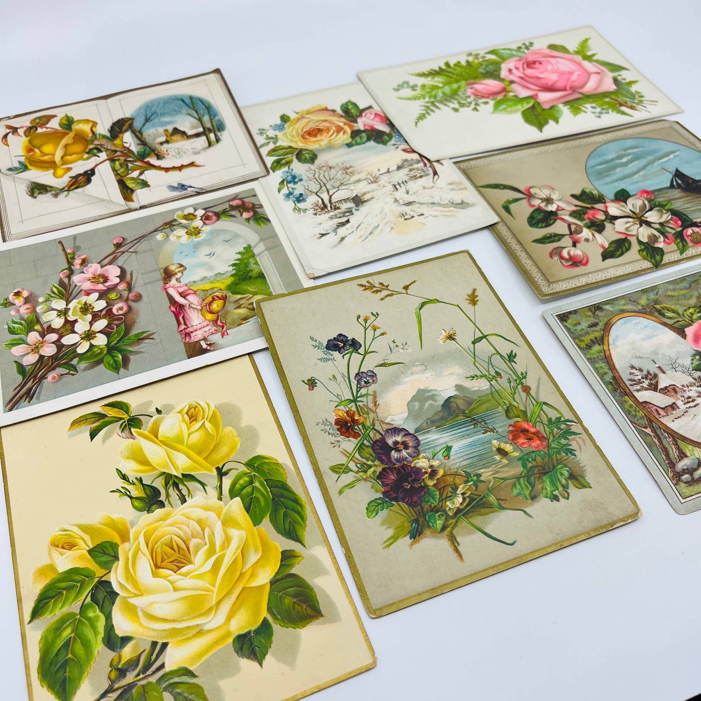 1880s Victorian Embossed Card Scrap Set of 8 Flowers Roses 6” EA2