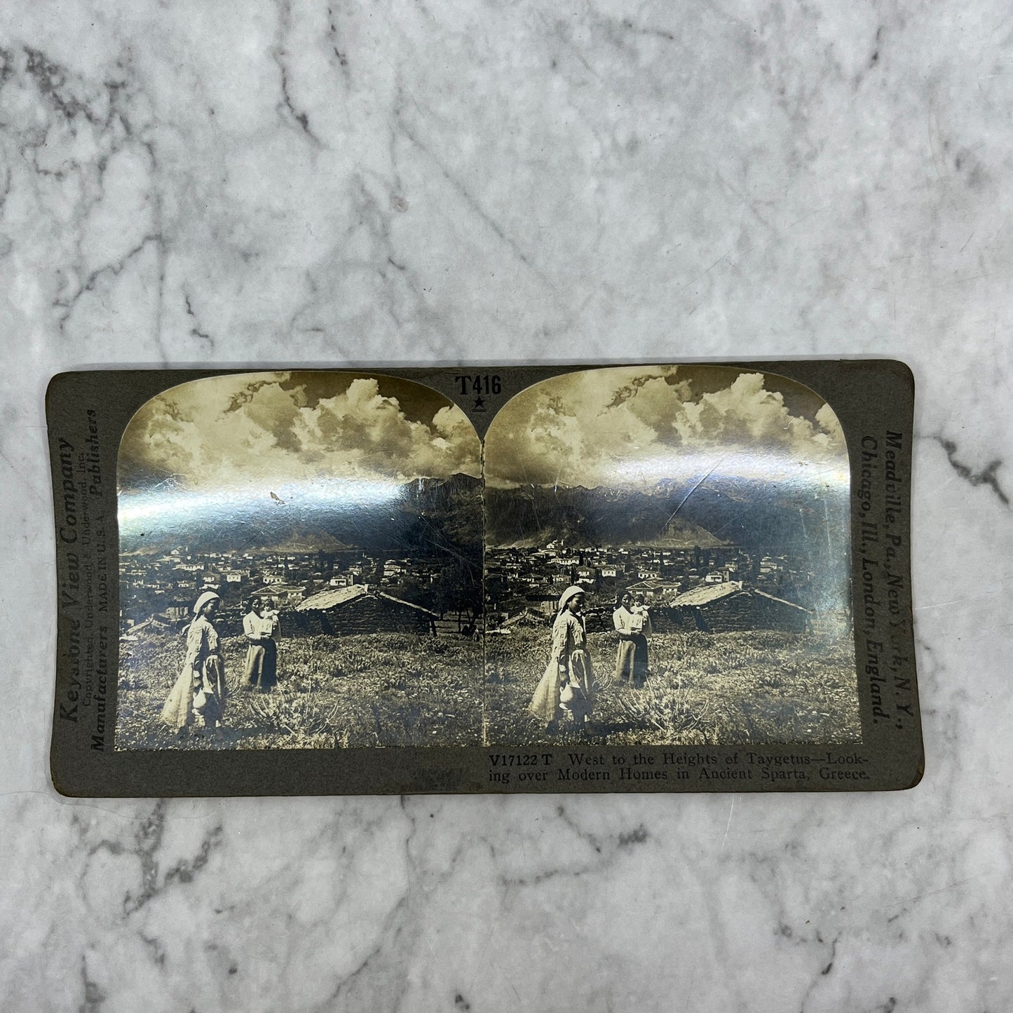 Stereoview Card Heights of Taygetus - Modern Homes in Ancient Sparta Greece H3-2