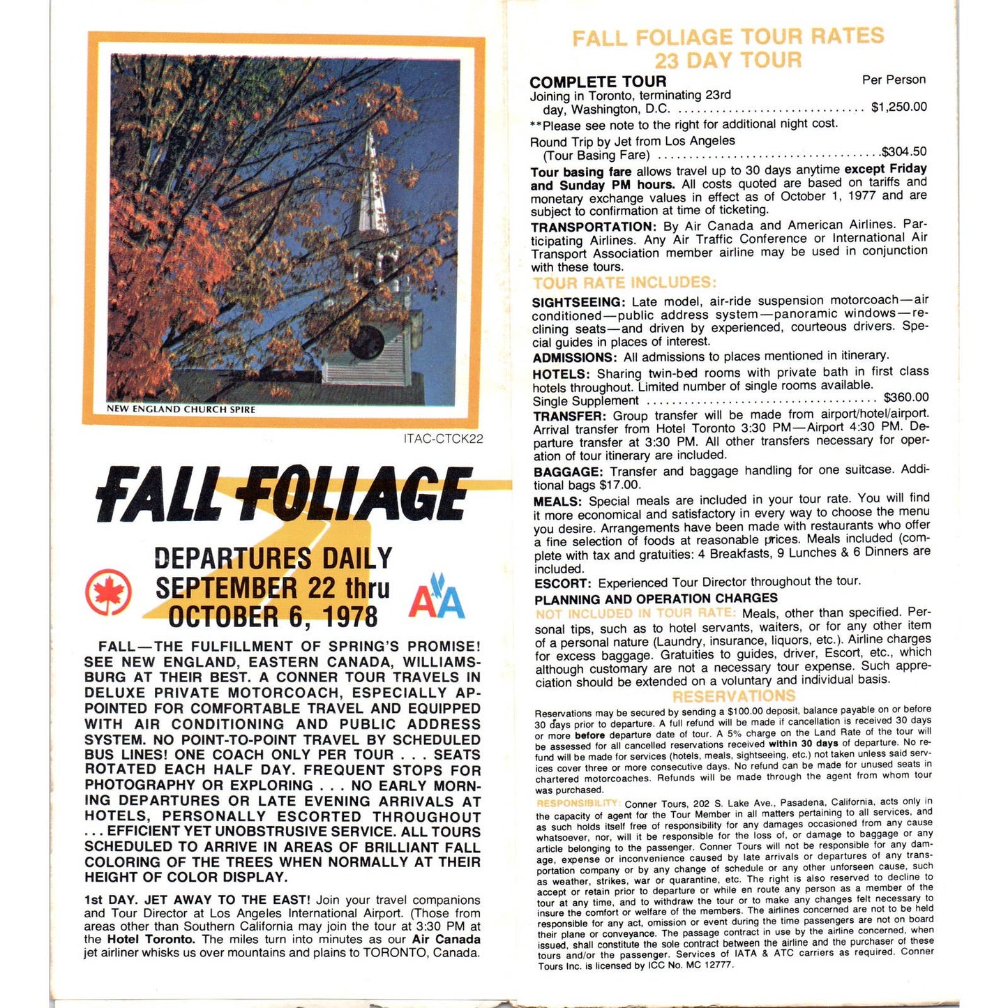 1978 Conner's Fall Foliage Tours American Airlines Fold Out Travel Brochure AD7