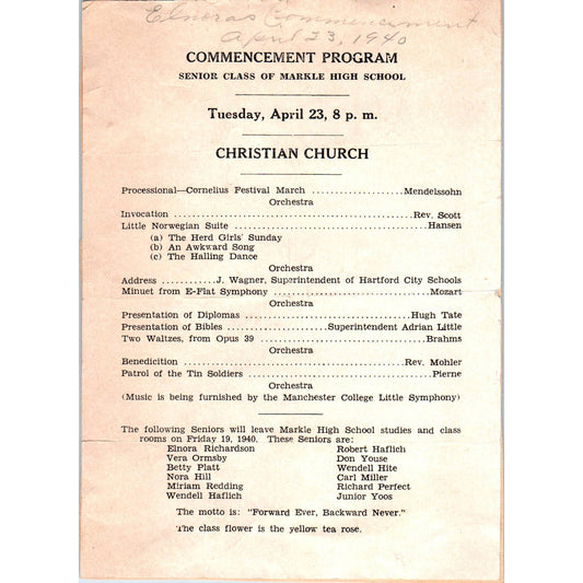 1940 Markle Indiana High School Commencement Program SF2