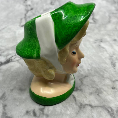 MCM Vintage Lady Head Vase Blonde Green Dress & Hat EUC White Tie 3.5” TK2