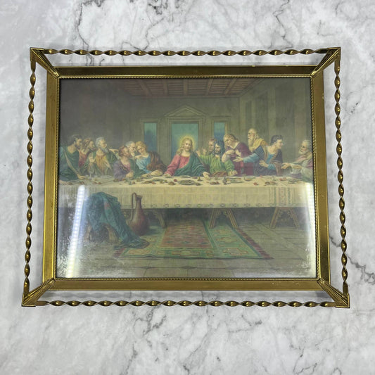 Vintage MCM Ornate Brass Wire Framed Last Supper Picture 9x11 TB6