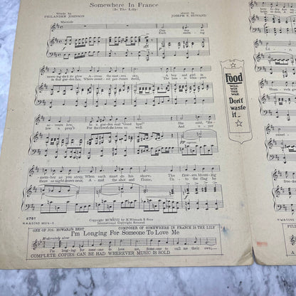 1917 SOMEWHERE IN FRANCE IS THE LILY WW1 Sheet Music by Howard, Johnson TJ4