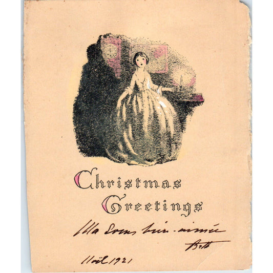 1921 Antique Christmas Greeting Card Woman With Candle SE5