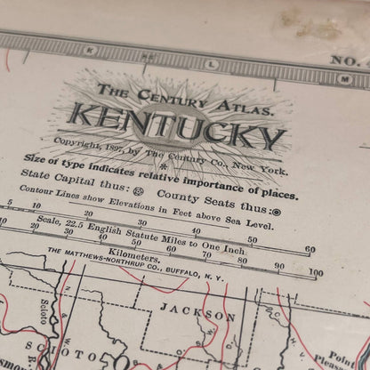 Antique 1897 The Century Atlas Map of Kentucky Color Engraved 12.5 x 17” FL5