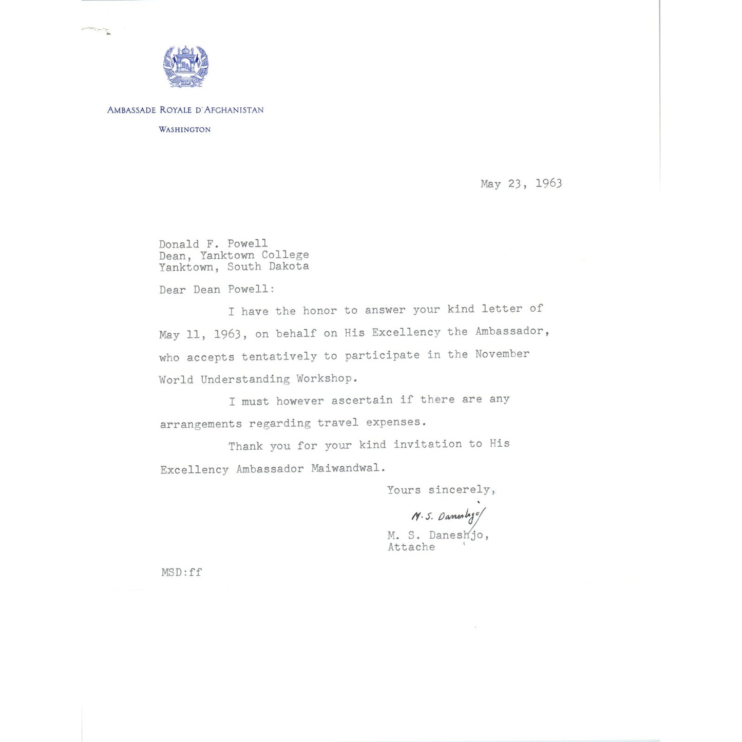 Afghanistan Ambassador Official Letterhead Memo May 1963 B13
