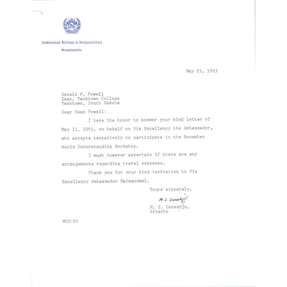 Afghanistan Ambassador Official Letterhead Memo May 1963 B13