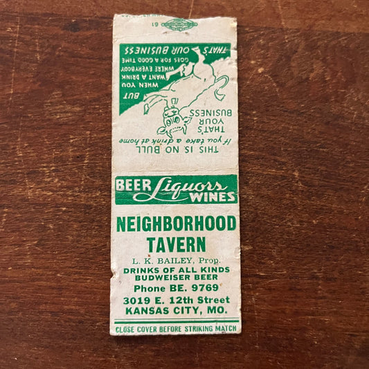 Neighborhood Tavern L.K. Bailey Kansas City Advertising Matchbook Cover SB3-M5