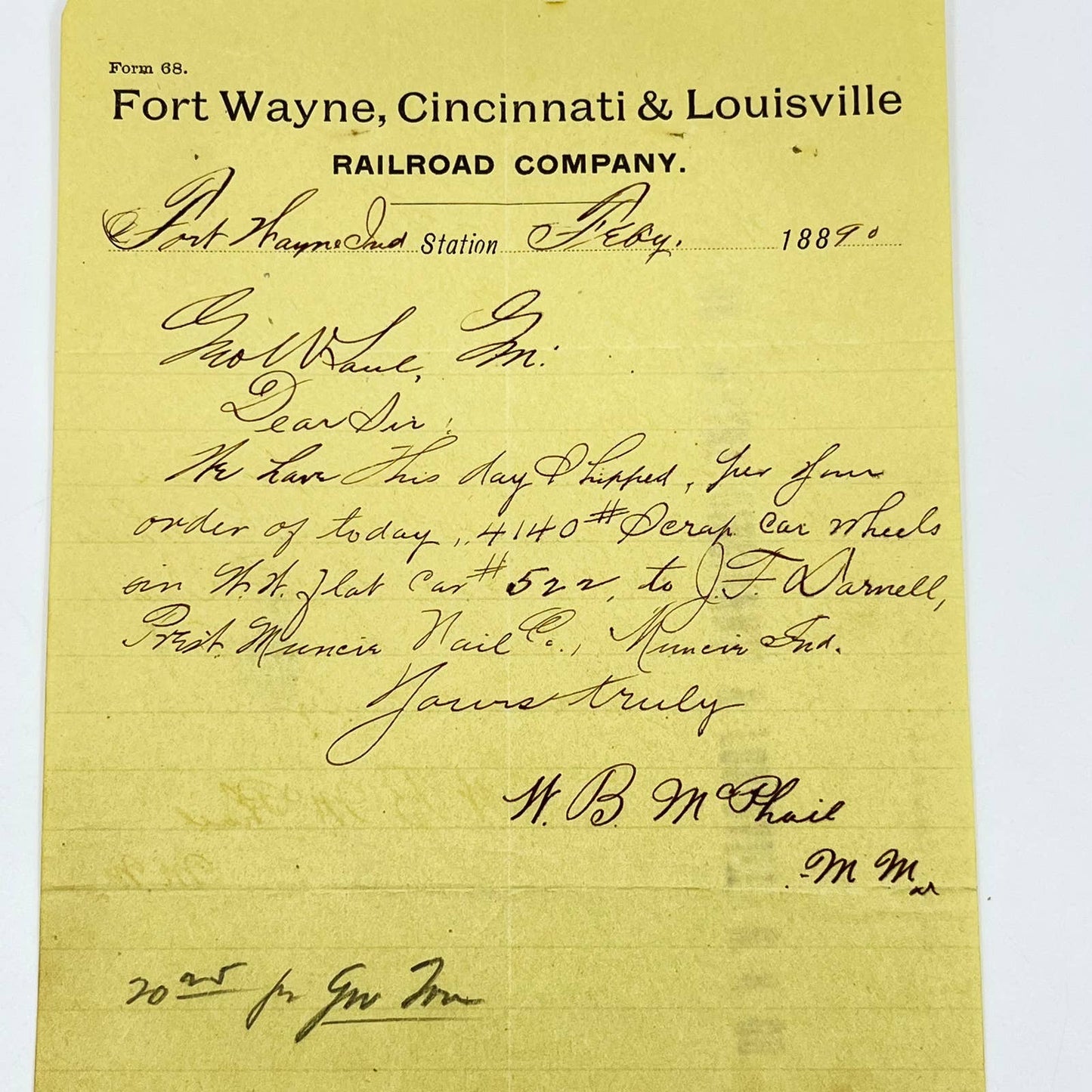 1890 Fort Wayne, Cincinnati & Louisville RR Letterhead Memo AB1