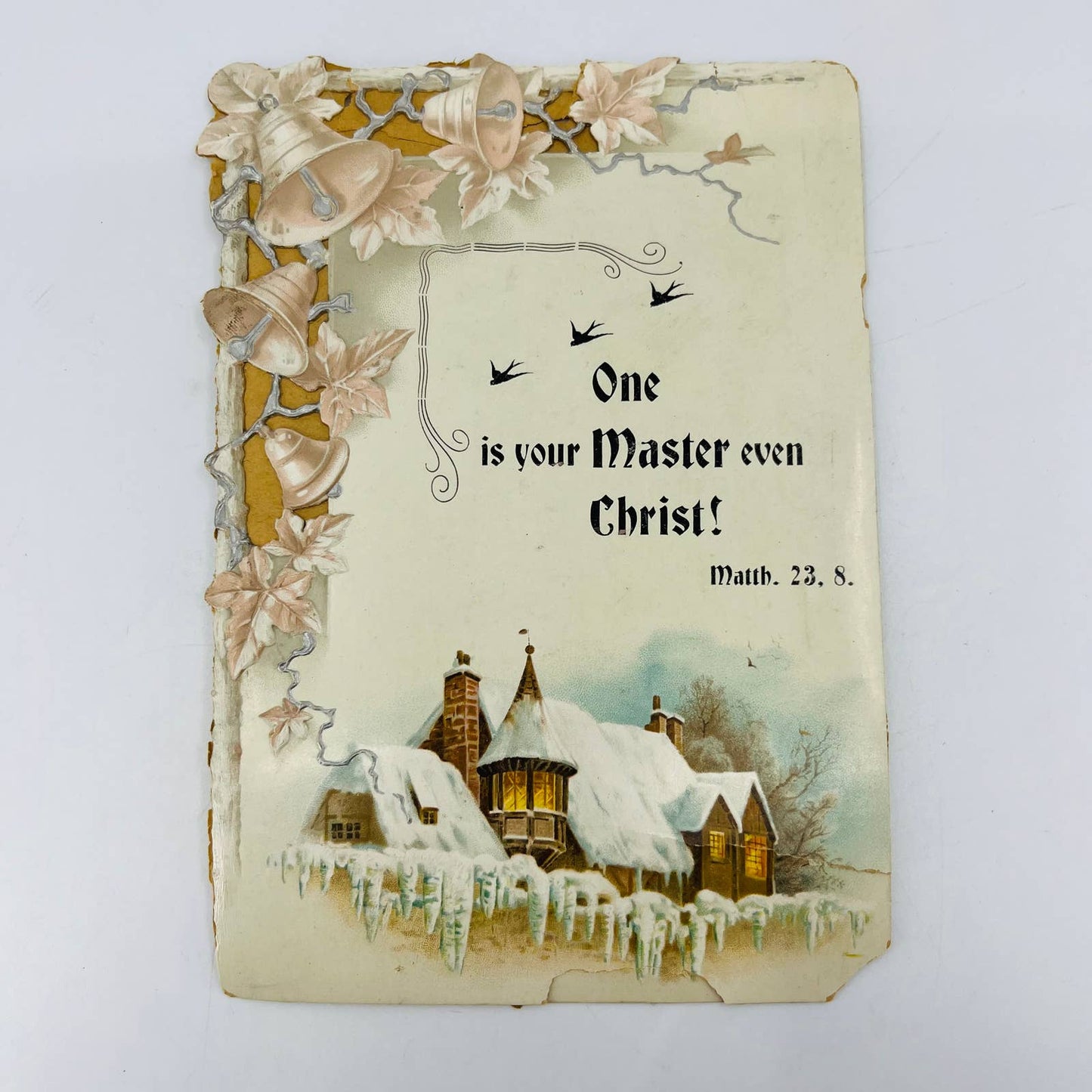 1880s Die Cut Victorian Greeting Card Winter Cottage Scene Matthew 23:8 AA2