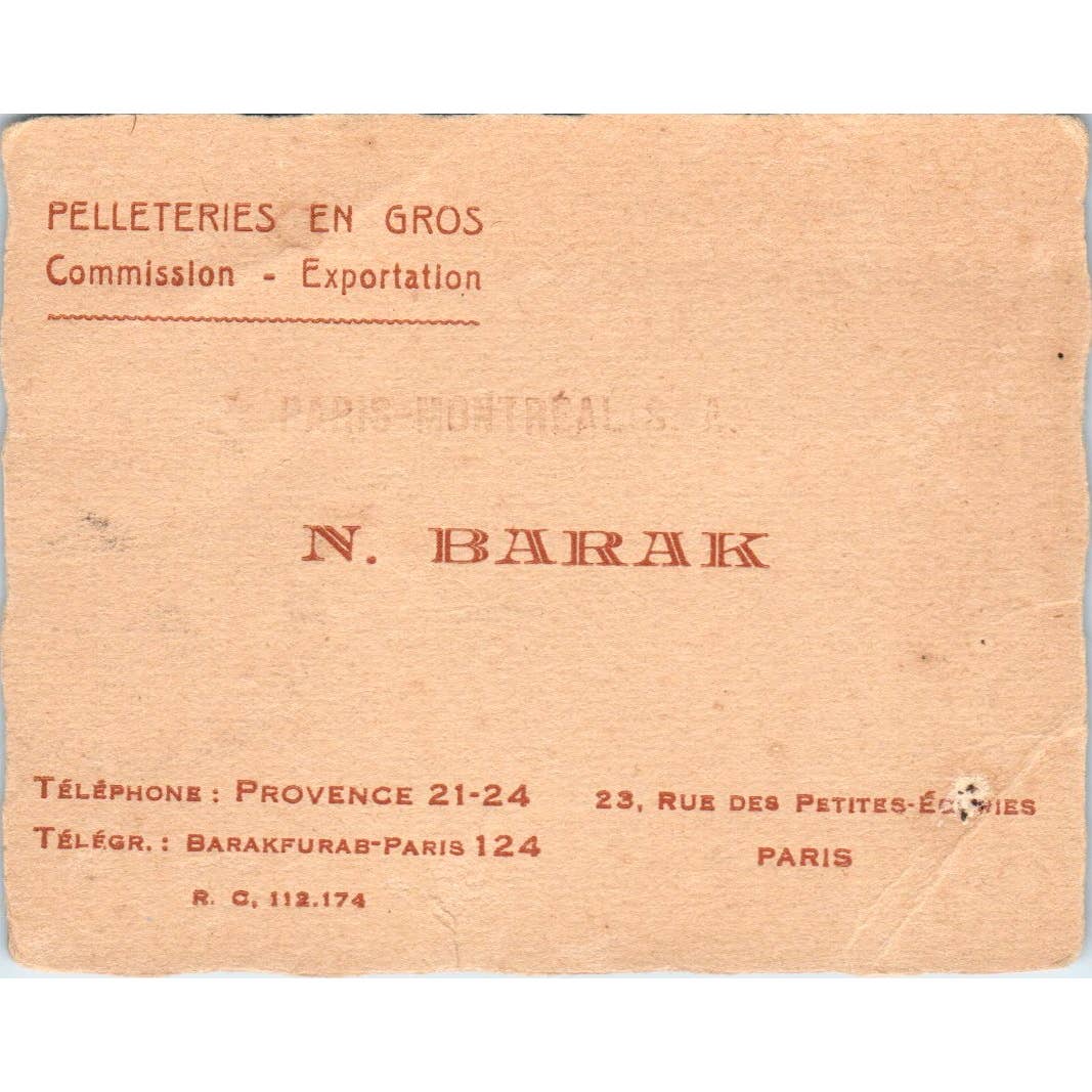 N. Barak Pelleteries En Gros Paris Montreal Vintage Business Card TK2-CC