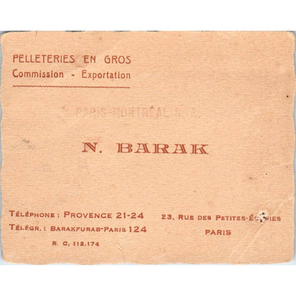 N. Barak Pelleteries En Gros Paris Montreal Vintage Business Card TK2-CC