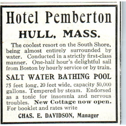 Hotel Pemberton Hull MA Chas. E. Davidson - 1921 Original Ad TJ7-L