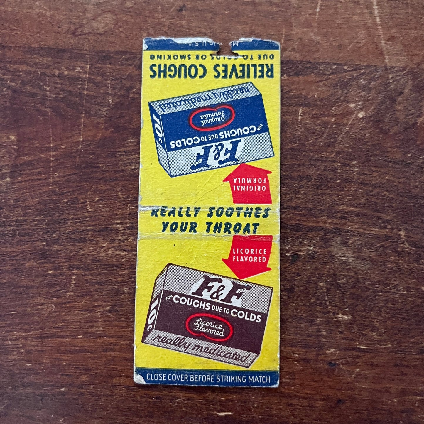 F&F Cough Drops for Sore Throats Advertising Matchbook Cover MM11-7