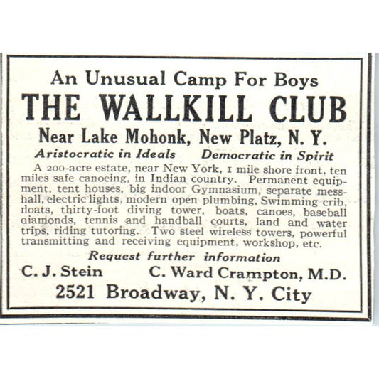 c1920 Harper's Magazine Ad The Wallkill Club Mohonk New Platz NY CJ Stein EA3-2