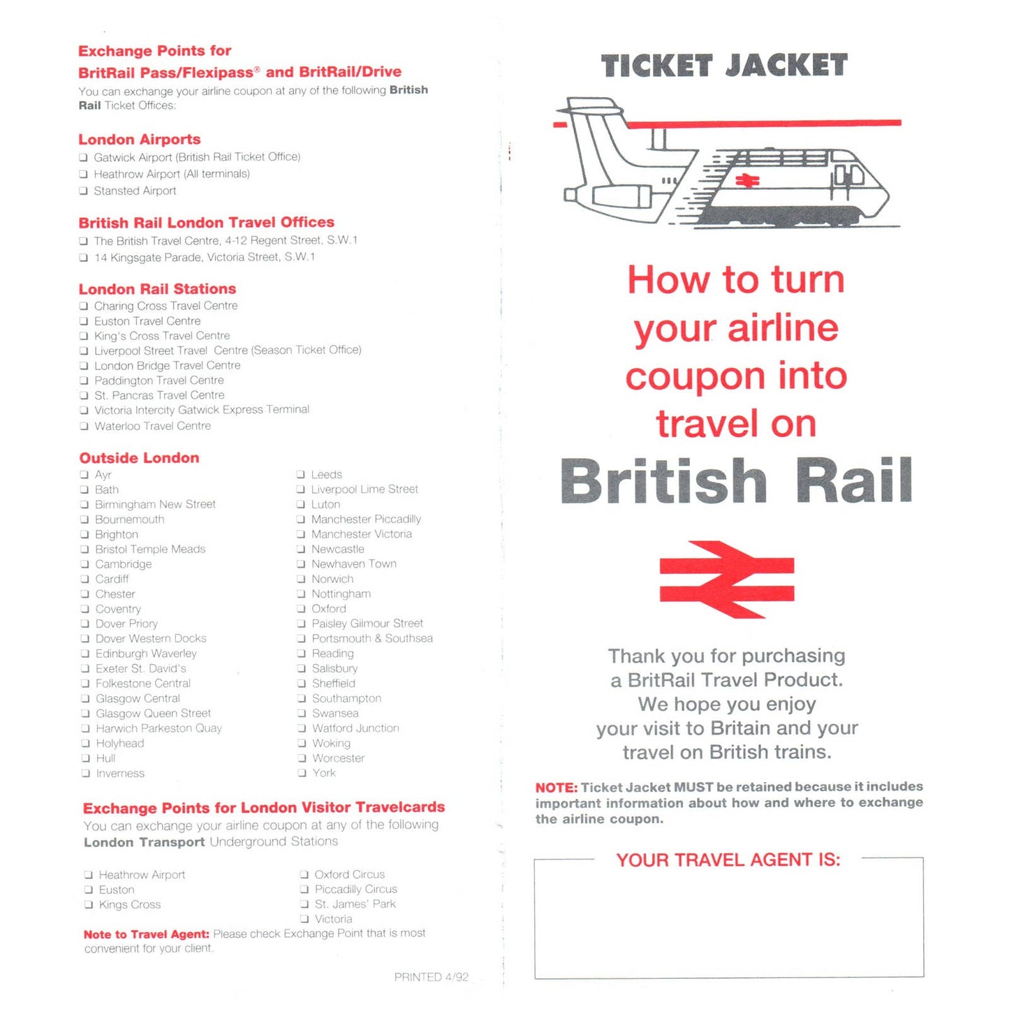 1992 British Rail and Airline Ticket Jacket Britrail Pass/Flexipass SE4