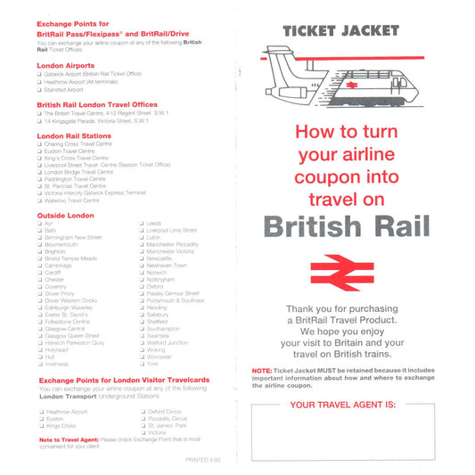 1992 British Rail and Airline Ticket Jacket Britrail Pass/Flexipass SE4