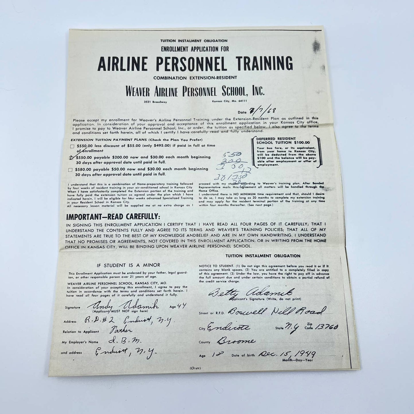 1968 Weaver Airline Personnel School Flight Attendant School Application D4