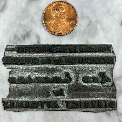 Vintage Letterpress Printers Block Plate Rex Emerson for District Attorney TJ59