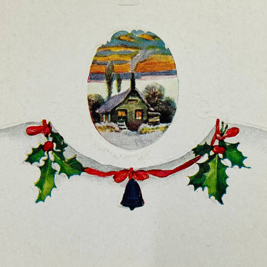1910s Christmas Post Card WINSCH Back Embossed Cottage Ribbon Bell Holly PA4