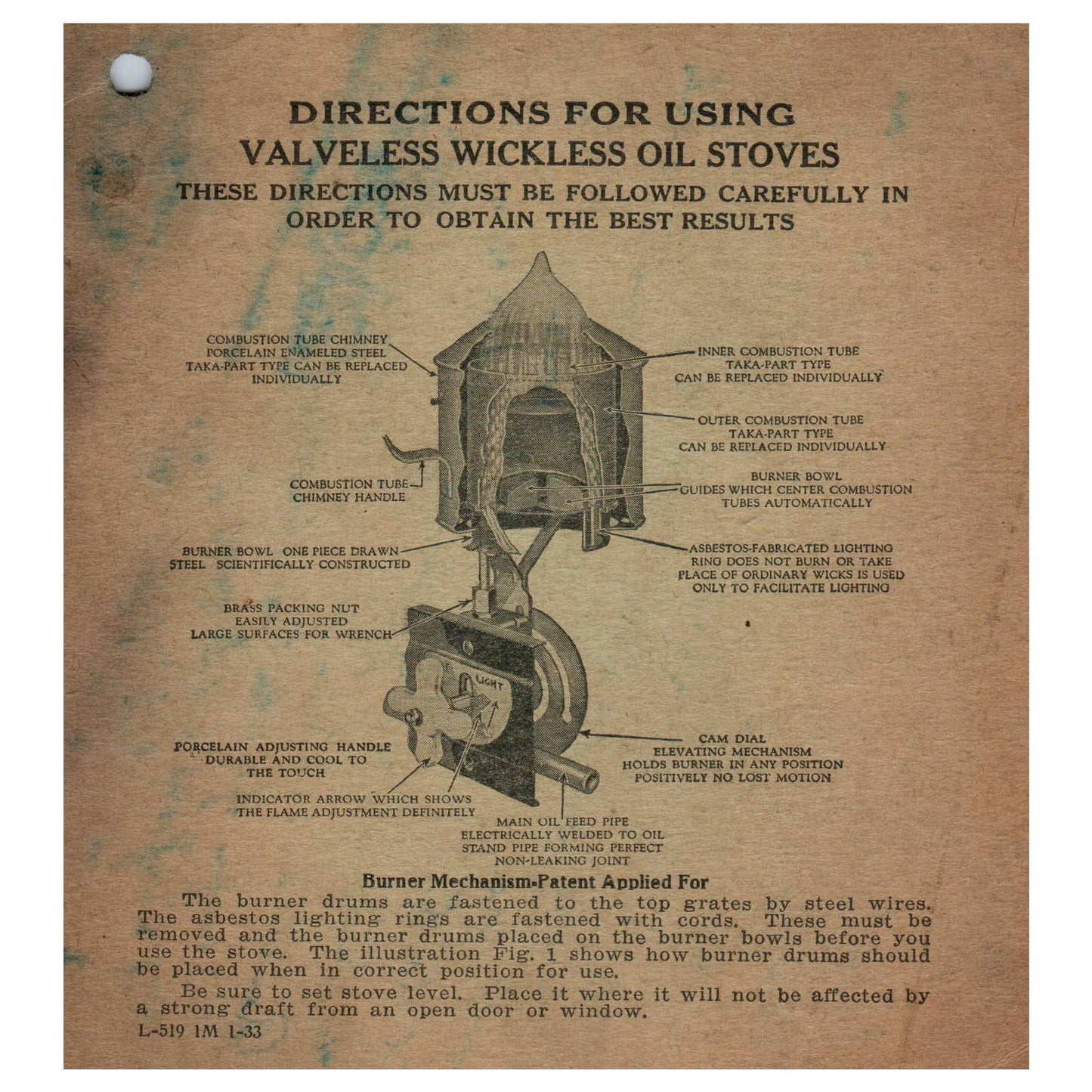 Antique Leaflet Card Directions for Using Valveless Wickless Oil Stoves SF3-5