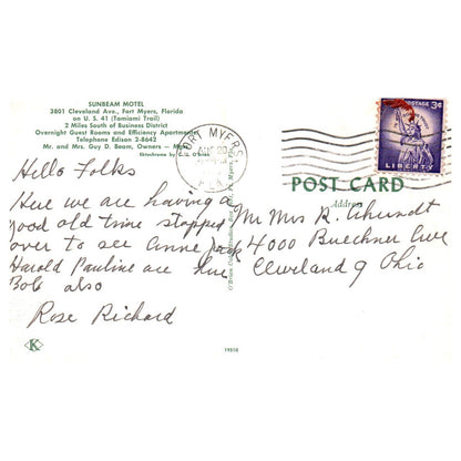 Vintage Postcard - Sunbeam Motel Guy D. Beam Fort Myers Florida TJ7-1