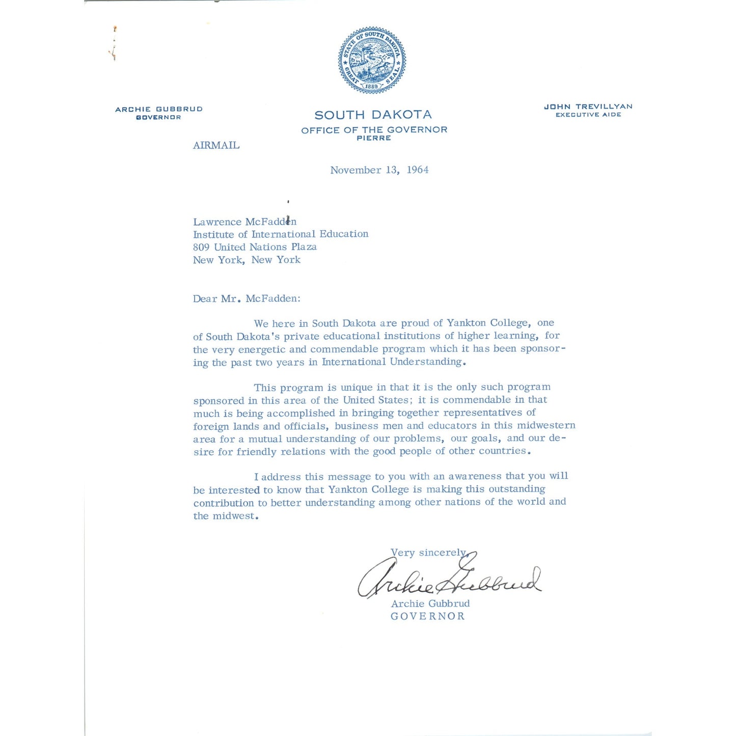 Official South Dakota Governor Letterhead Signed Archie Gubbrud Nov 1964 B15