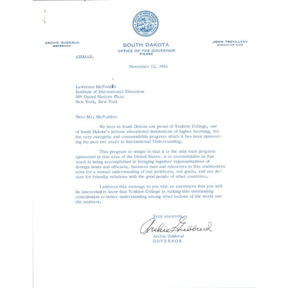 Official South Dakota Governor Letterhead Signed Archie Gubbrud Nov 1964 B15